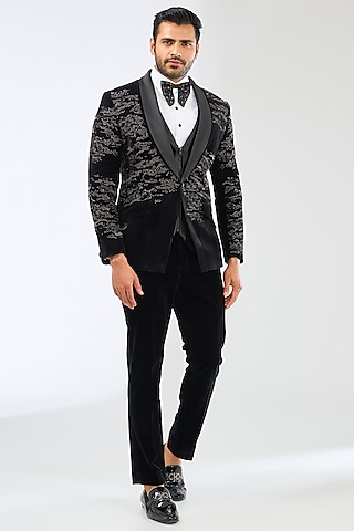Black Suiting Fabric Beadwork Tuxedo Set by Sarab Khanijou