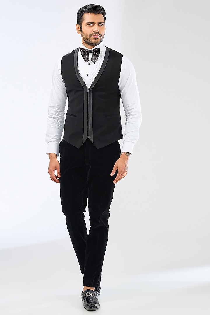 Black Suiting Fabric Beadwork Tuxedo Set by Sarab Khanijou at Pernia's Pop Up Shop