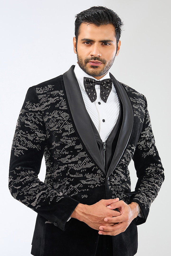 Black Suiting Fabric Beadwork Tuxedo Set by Sarab Khanijou at Pernia's Pop Up Shop