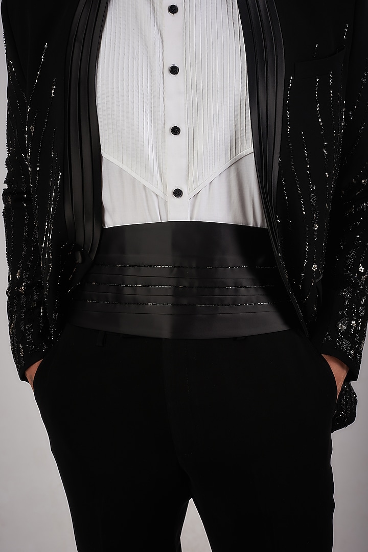 Black Sandwash Pearl Embroidered Tuxedo Set by Sarab Khanijou at Pernia's Pop Up Shop