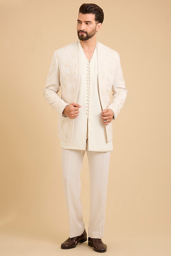 Ivory Silk Groom Indowestern Set by Sarab Khanijou at Pernia's Pop Up Shop