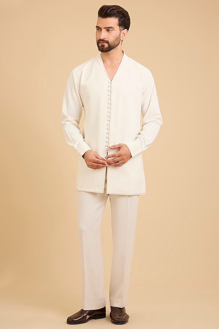Ivory Silk Groom Indowestern Set by Sarab Khanijou at Pernia's Pop Up Shop