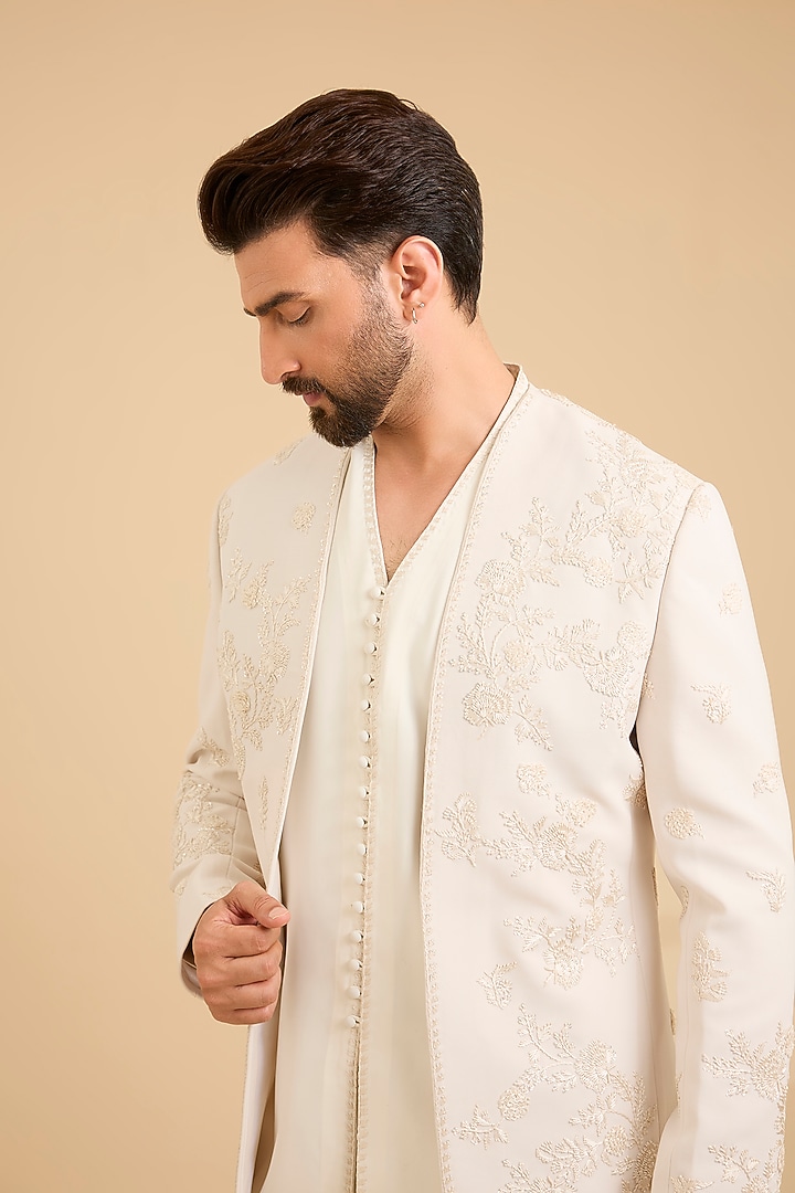 Ivory Silk Groom Indowestern Set by Sarab Khanijou at Pernia's Pop Up Shop