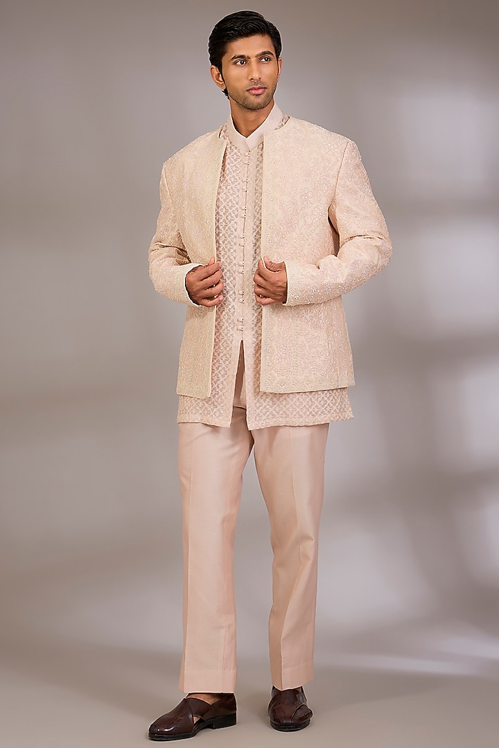 Pink Silk Groom Indowestern Set by Sarab Khanijou at Pernia's Pop Up Shop