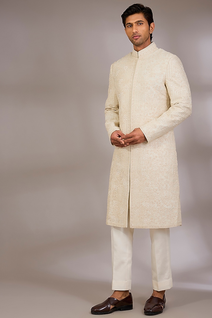 Ivory Silk Groom Sherwani Set by Sarab Khanijou at Pernia's Pop Up Shop
