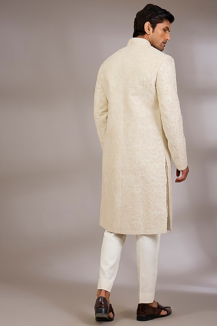 Ivory Silk Groom Sherwani Set by Sarab Khanijou at Pernia's Pop Up Shop