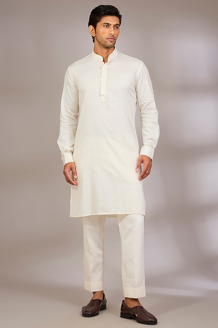 Ivory Silk Groom Sherwani Set by Sarab Khanijou at Pernia's Pop Up Shop