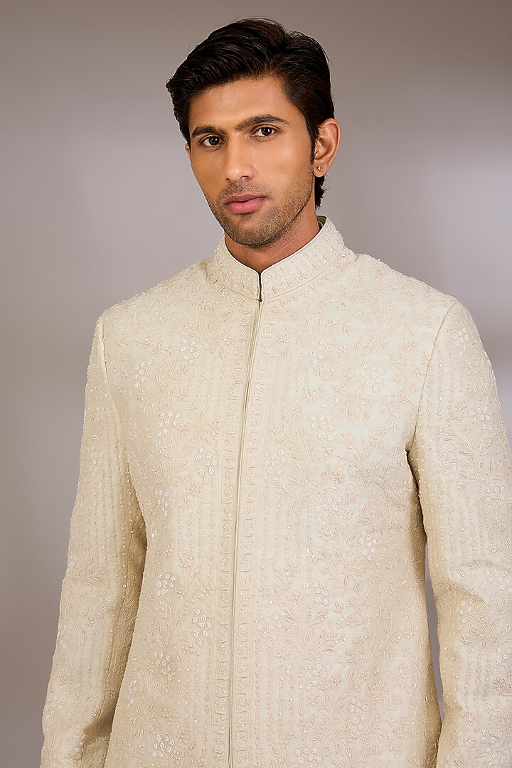 Ivory Silk Groom Sherwani Set by Sarab Khanijou at Pernia's Pop Up Shop