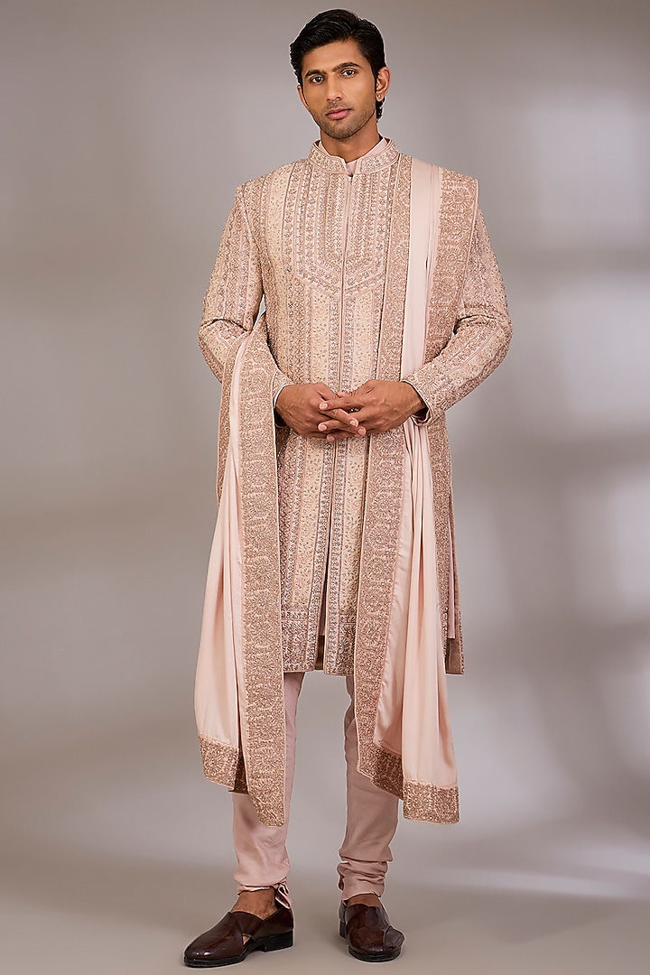 Pink Silk Groom Sherwani Set by Sarab Khanijou at Pernia's Pop Up Shop