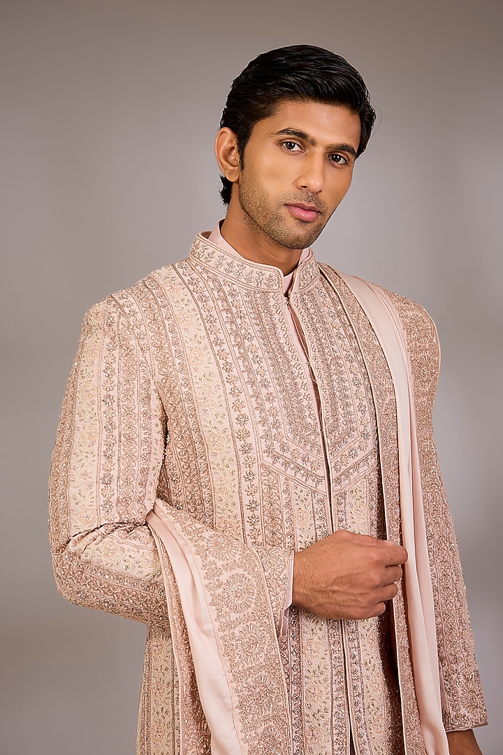 Pink Silk Groom Sherwani Set by Sarab Khanijou at Pernia's Pop Up Shop