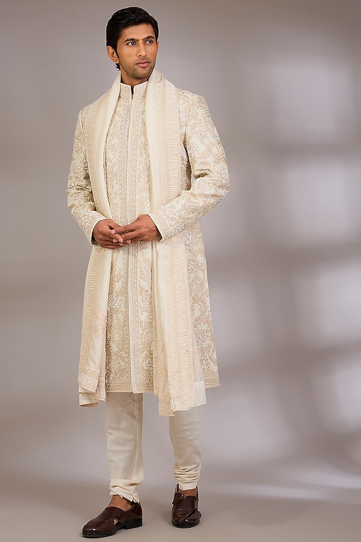 Ivory Silk Groom Sherwani Set by Sarab Khanijou at Pernia's Pop Up Shop