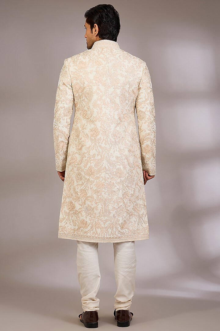Ivory Silk Groom Sherwani Set by Sarab Khanijou at Pernia's Pop Up Shop
