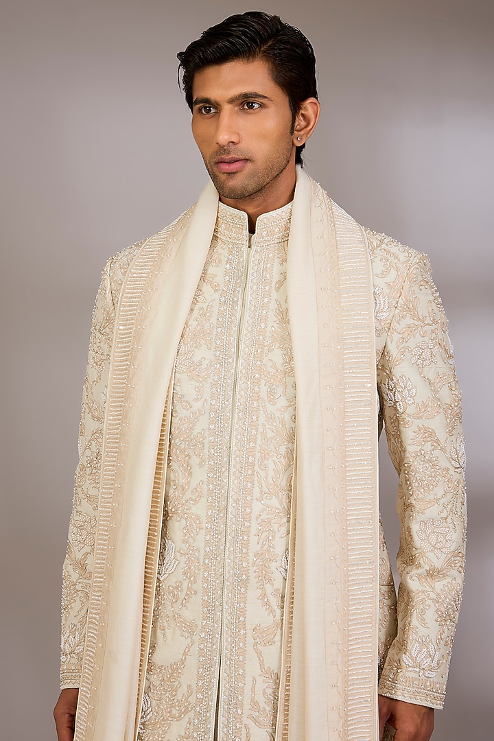 Ivory Silk Groom Sherwani Set by Sarab Khanijou at Pernia's Pop Up Shop
