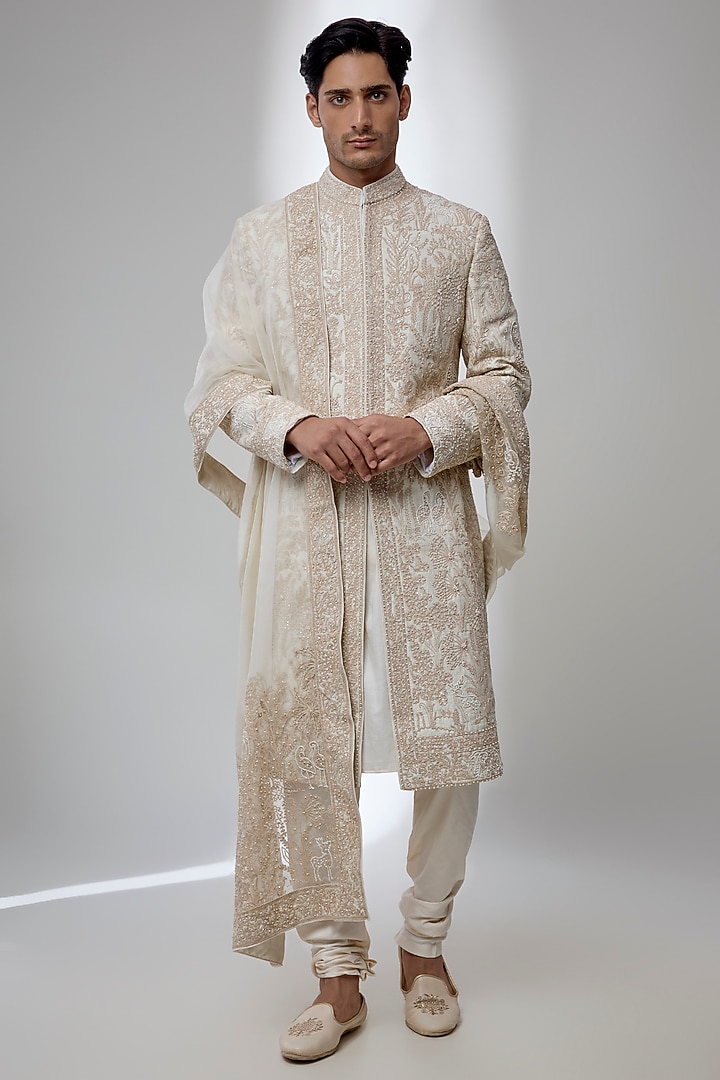 Ivory Silk Groom Sherwani Set by Sarab Khanijou at Pernia's Pop Up Shop