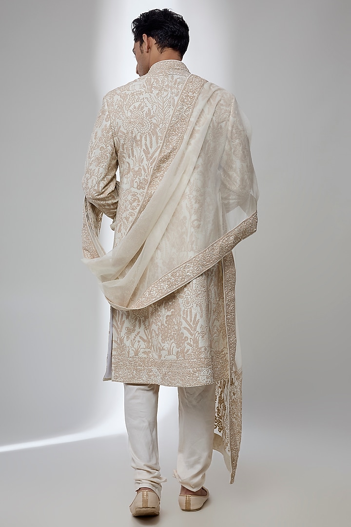 Ivory Silk Groom Sherwani Set by Sarab Khanijou at Pernia's Pop Up Shop