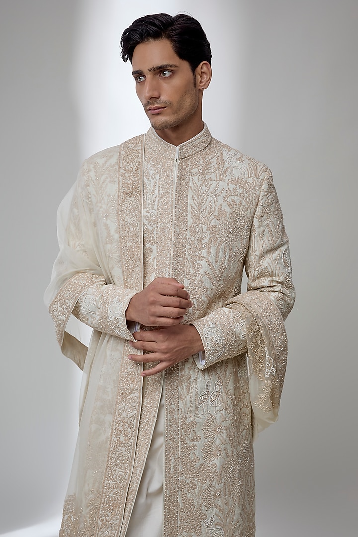 Ivory Silk Groom Sherwani Set by Sarab Khanijou at Pernia's Pop Up Shop