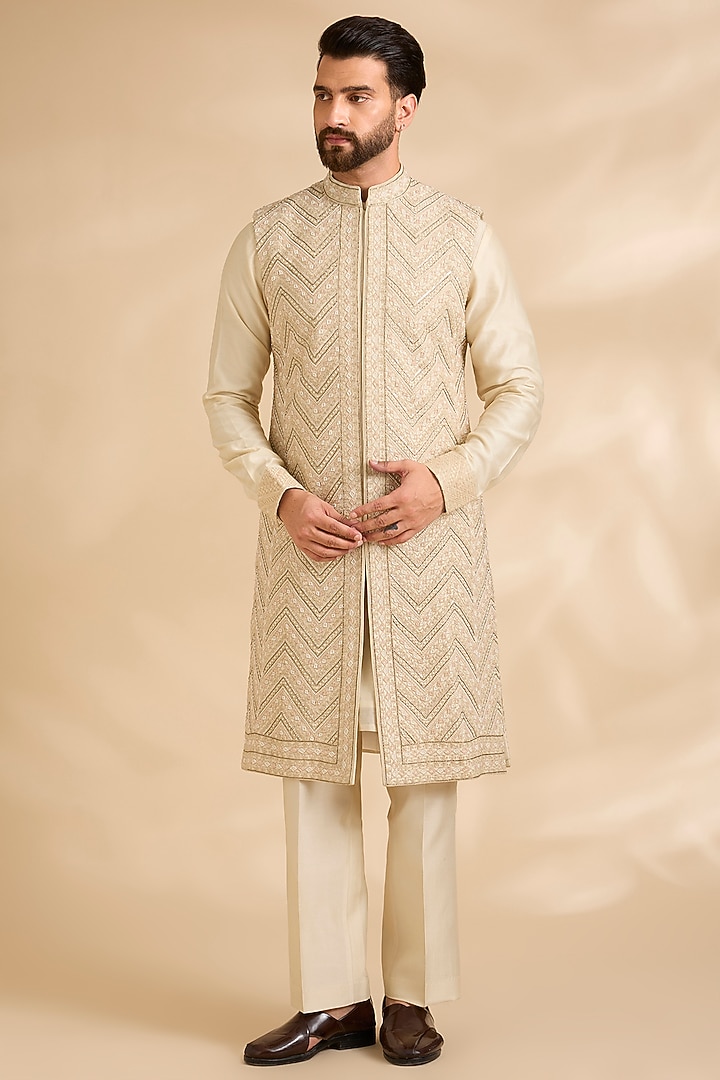 Beige Silk Groom Indowestern Set by Sarab Khanijou at Pernia's Pop Up Shop