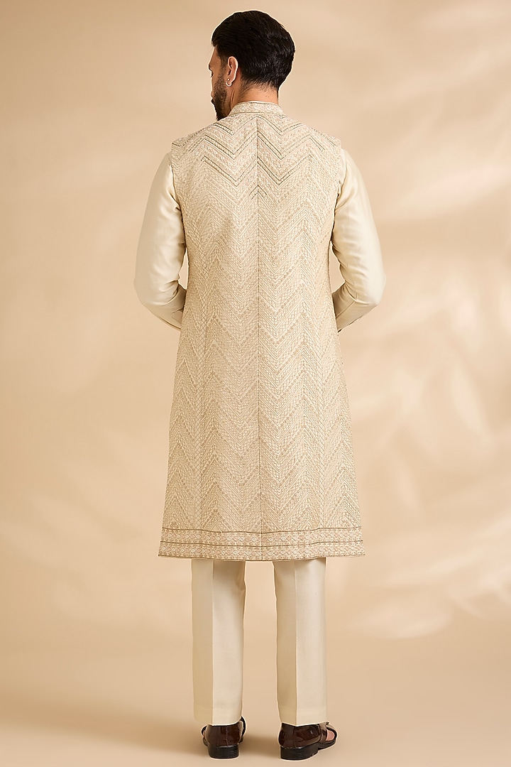 Beige Silk Groom Indowestern Set by Sarab Khanijou at Pernia's Pop Up Shop