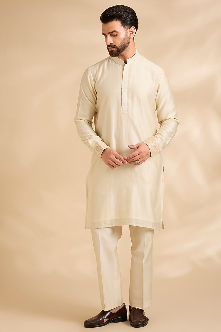 Beige Silk Groom Indowestern Set by Sarab Khanijou at Pernia's Pop Up Shop