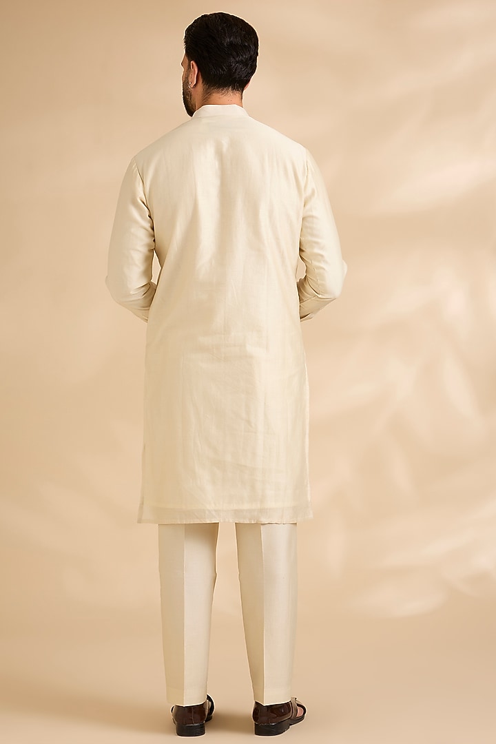 Beige Silk Groom Indowestern Set by Sarab Khanijou at Pernia's Pop Up Shop