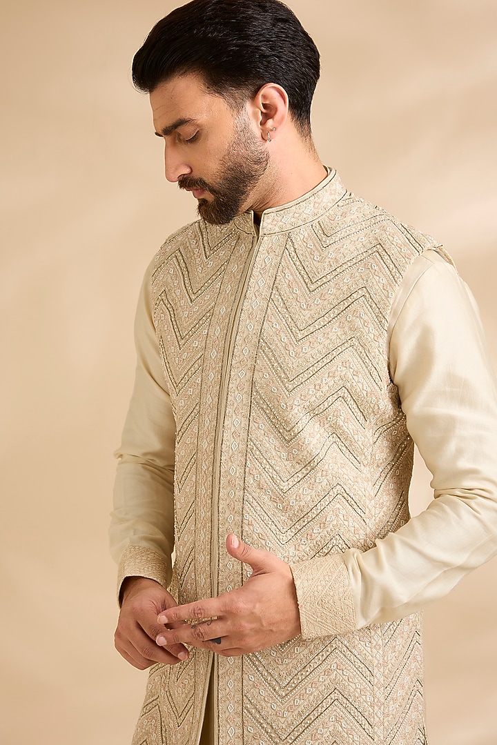 Beige Silk Groom Indowestern Set by Sarab Khanijou at Pernia's Pop Up Shop