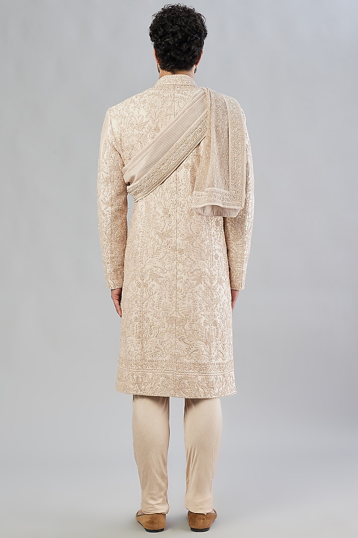 Dusty Rose Raw Silk Groom Sherwani Set by Sarab Khanijou at Pernia's Pop Up Shop