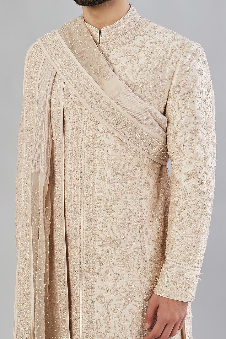 Dusty Rose Raw Silk Groom Sherwani Set by Sarab Khanijou at Pernia's Pop Up Shop