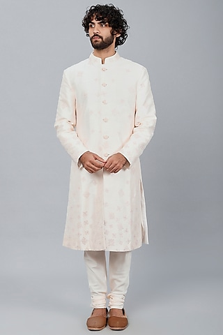 Nude-Peach Raw Silk French-Knot Embroidered Sherwani Set by Sarab Khanijou