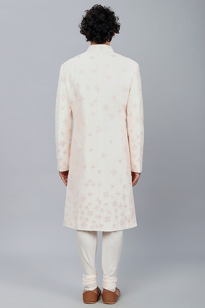 Nude-Peach Raw Silk French-Knot Embroidered Groom Sherwani Set by Sarab Khanijou at Pernia's Pop Up Shop