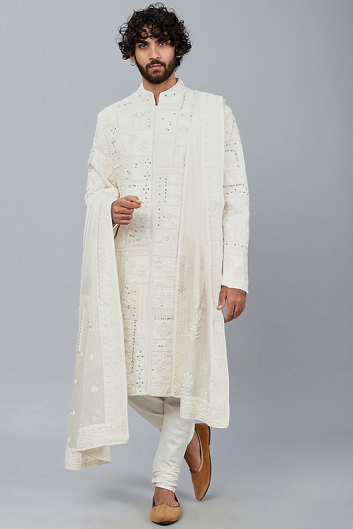 Ivory Embroidered Sherwani Set by Sarab Khanijou