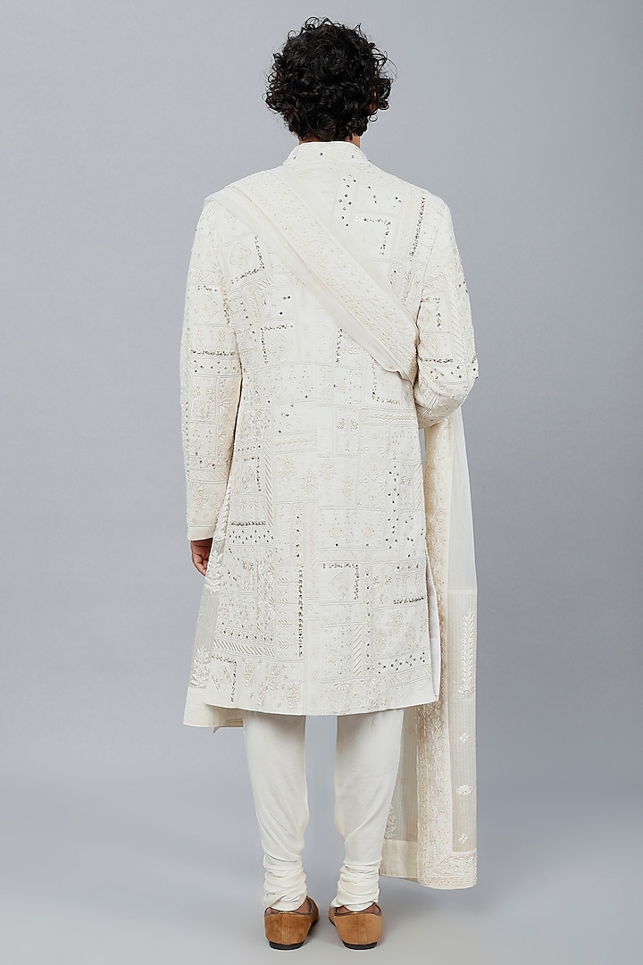 Ivory Herringbone & Organza Embroidered Groom Sherwani Set by Sarab Khanijou at Pernia's Pop Up Shop