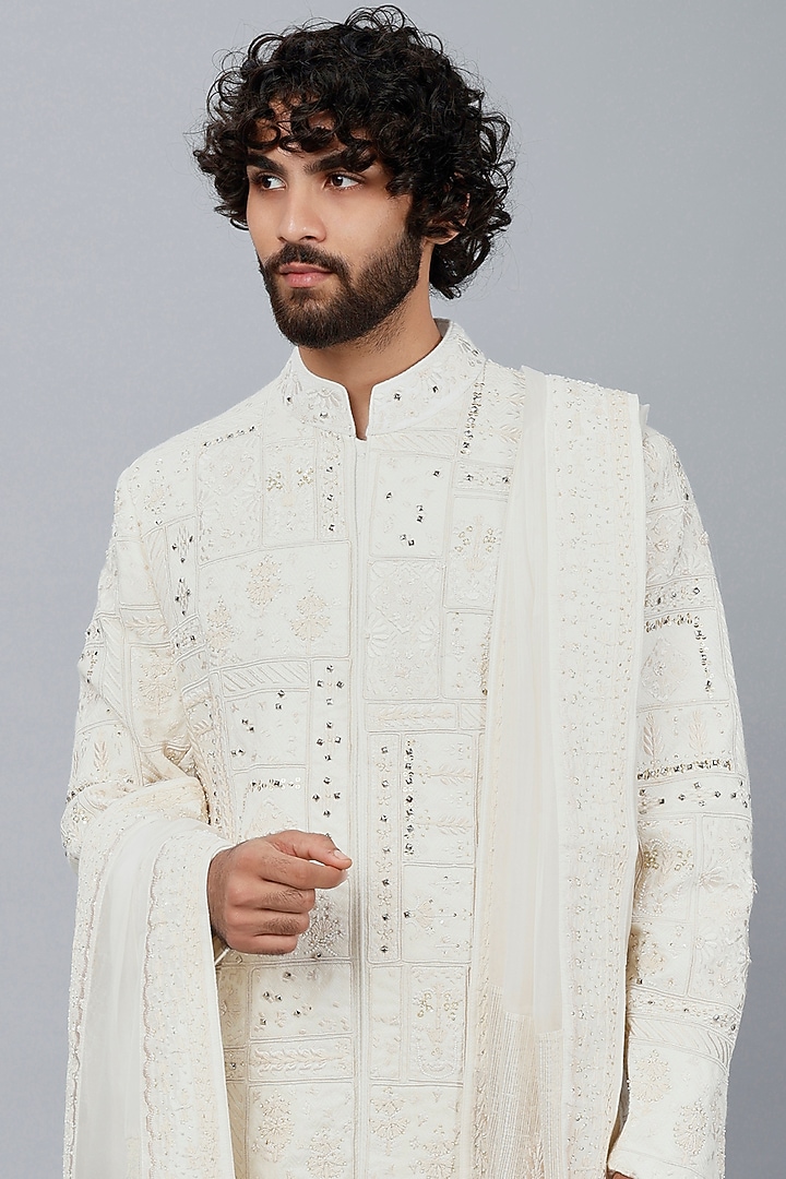 Ivory Herringbone & Organza Embroidered Groom Sherwani Set by Sarab Khanijou at Pernia's Pop Up Shop