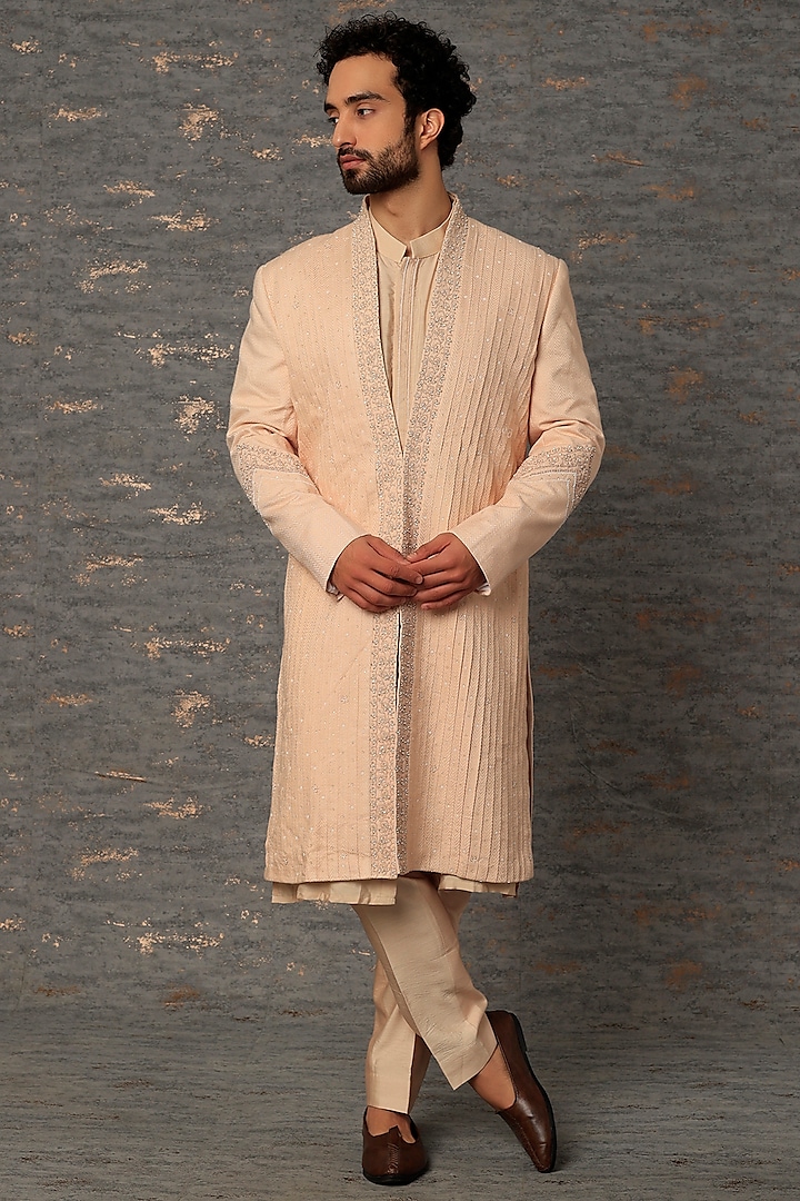 Blush Pink Embroidered Front-Open Groom Sherwani Set by Sarab Khanijou at Pernia's Pop Up Shop