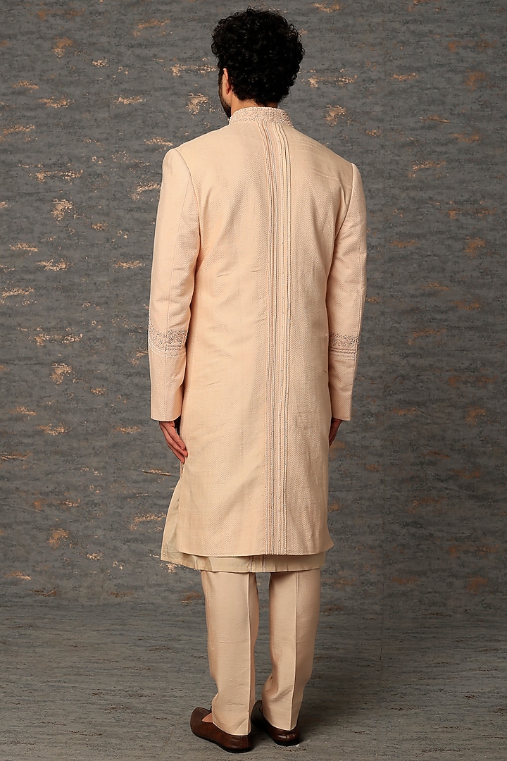 Blush Pink Bhagalpuri Silk Embroidered Groom Sherwani Set by Sarab Khanijou at Pernia's Pop Up Shop