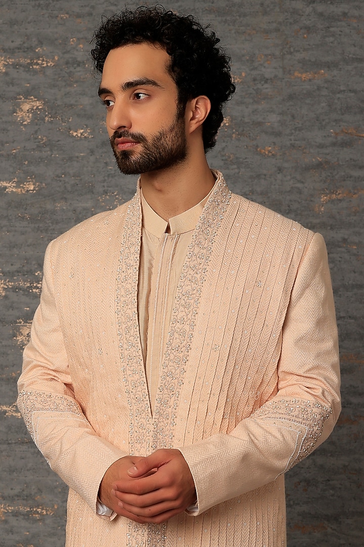 Blush Pink Bhagalpuri Silk Embroidered Groom Sherwani Set by Sarab Khanijou at Pernia's Pop Up Shop