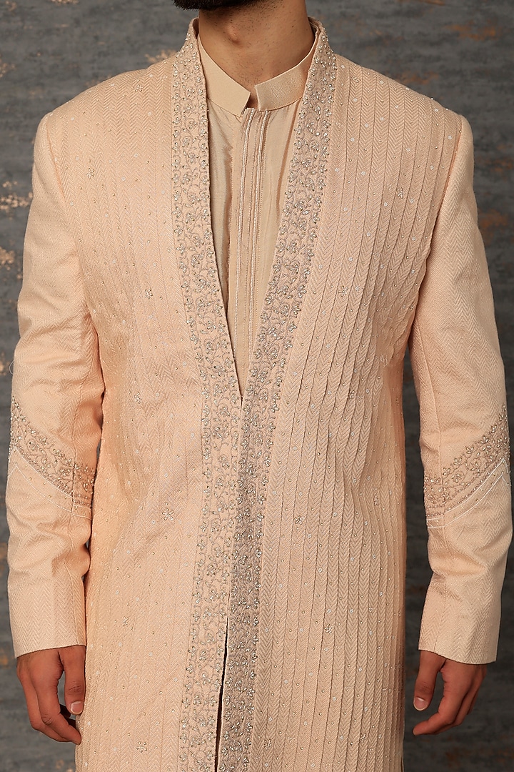 Blush Pink Bhagalpuri Silk Embroidered Groom Sherwani Set by Sarab Khanijou at Pernia's Pop Up Shop