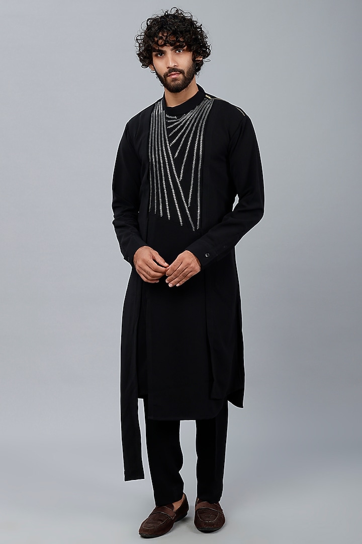 Black Sandwash Chainwork Kurta Set by Sarab Khanijou at Pernia's Pop Up Shop