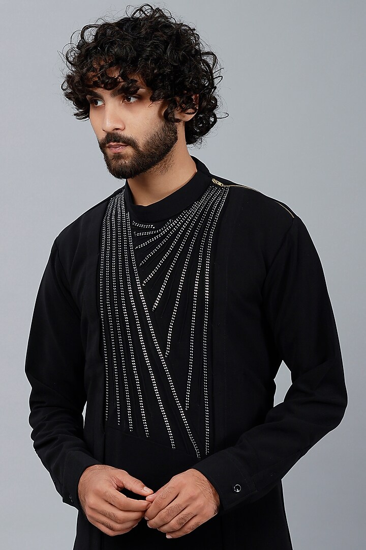Black Sandwash Chainwork Kurta Set by Sarab Khanijou at Pernia's Pop Up Shop