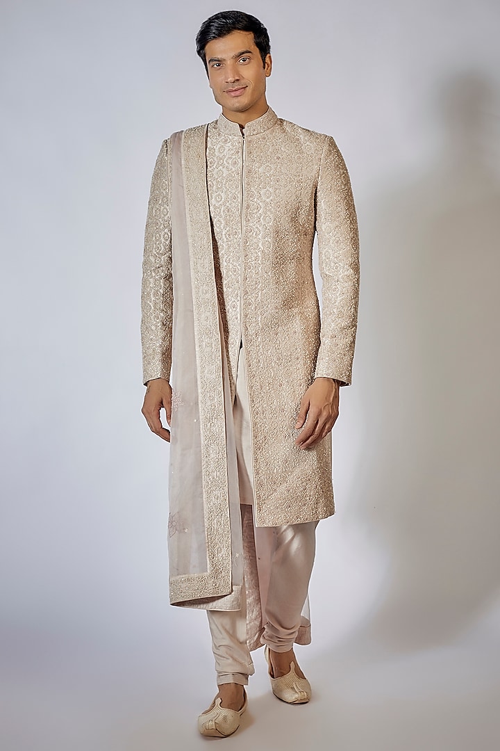 Dusty Rose Kota & Silk Thread Embroidered Sherwani Set by Sarab Khanijou