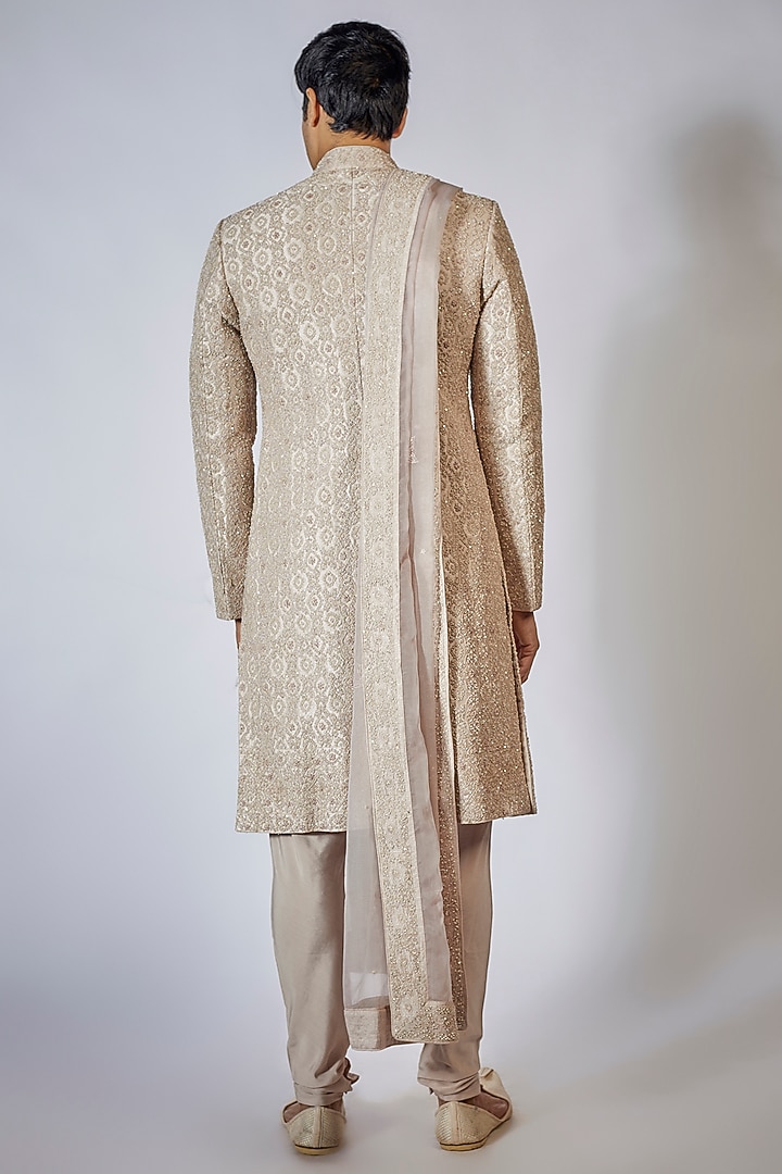 Dusty Rose Kota & Silk Thread Embroidered Groom Sherwani Set by Sarab Khanijou at Pernia's Pop Up Shop