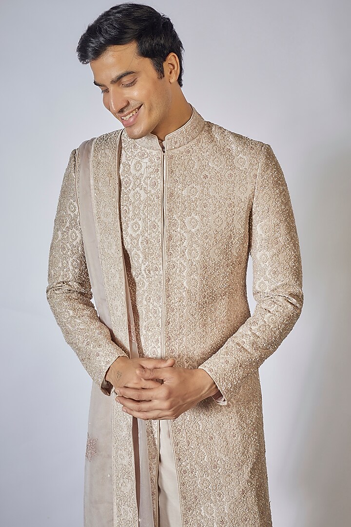 Dusty Rose Kota & Silk Thread Embroidered Groom Sherwani Set by Sarab Khanijou at Pernia's Pop Up Shop