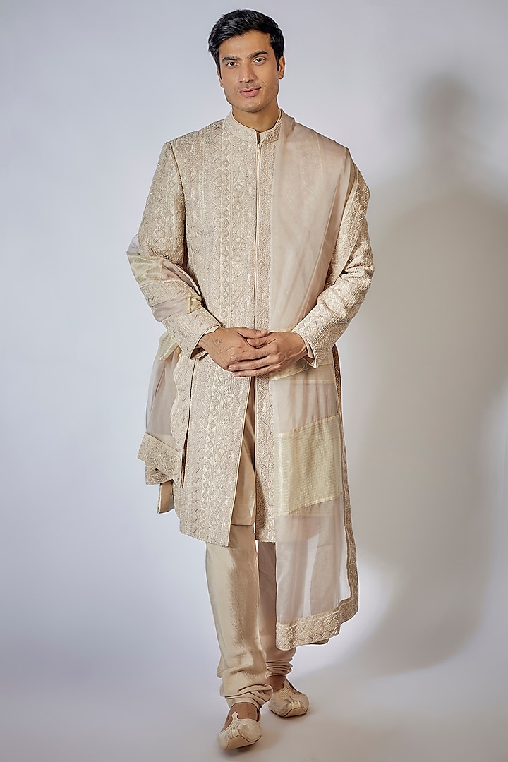 Ivory Kota & Silk Thread Embroidered Sherwani Set by Sarab Khanijou