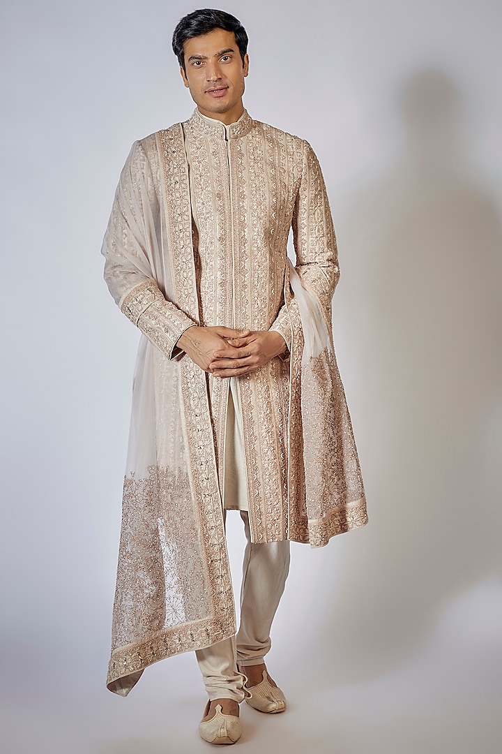 Rose Gold Kota & Silk Thread Embroidered Sherwani Set by Sarab Khanijou