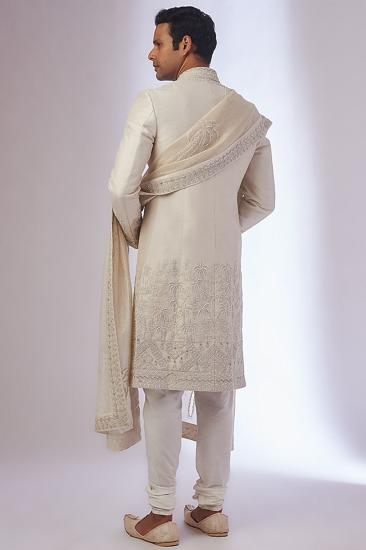 Ivory Organza & Silk Embroidered Groom Sherwani Set by Sarab Khanijou at Pernia's Pop Up Shop