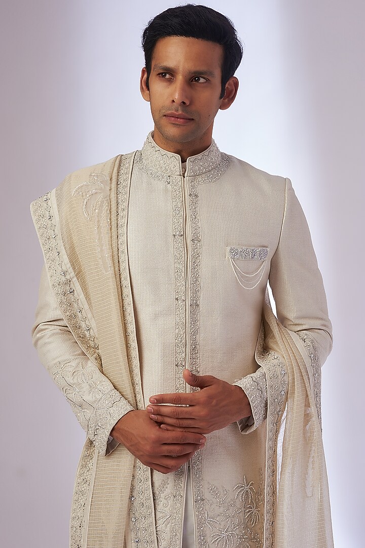 Ivory Organza & Silk Embroidered Groom Sherwani Set by Sarab Khanijou at Pernia's Pop Up Shop