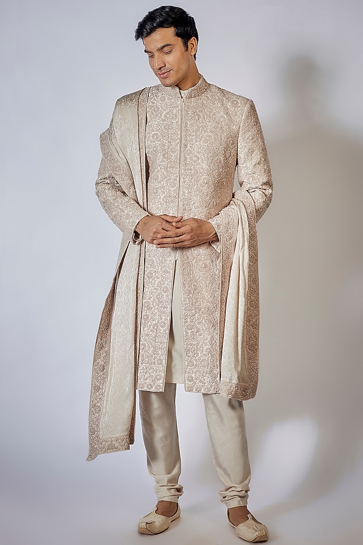 Dusty Rose Kota & Silk Thread Embroidered Sherwani Set by Sarab Khanijou