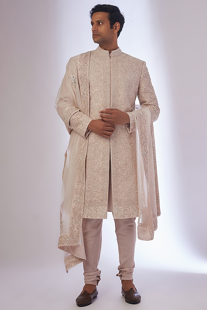 Dusty Rose Organza & Kota Embroidered Sherwani Set by Sarab Khanijou