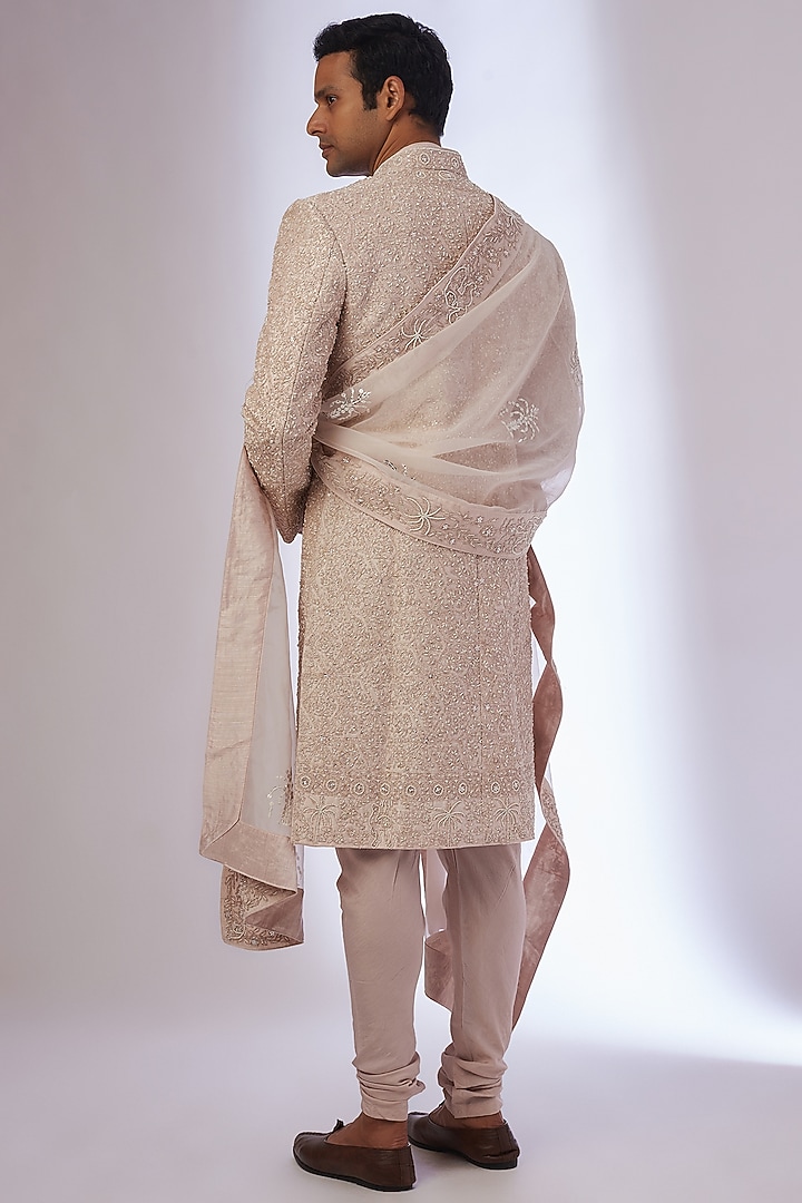 Dusty Rose Organza & Kota Embroidered Groom Sherwani Set by Sarab Khanijou at Pernia's Pop Up Shop
