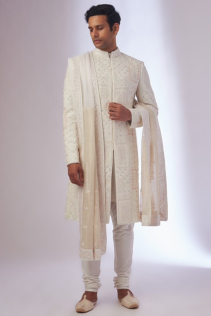 Ivory Organza & Silk Embroidered Sherwani Set by Sarab Khanijou