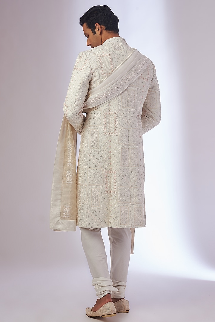 Ivory Organza & Silk Embroidered Groom Sherwani Set by Sarab Khanijou at Pernia's Pop Up Shop